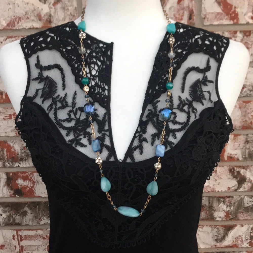 Lydell NYC multi stone extra long turquoise smoky rhinestone necklace 34 inches